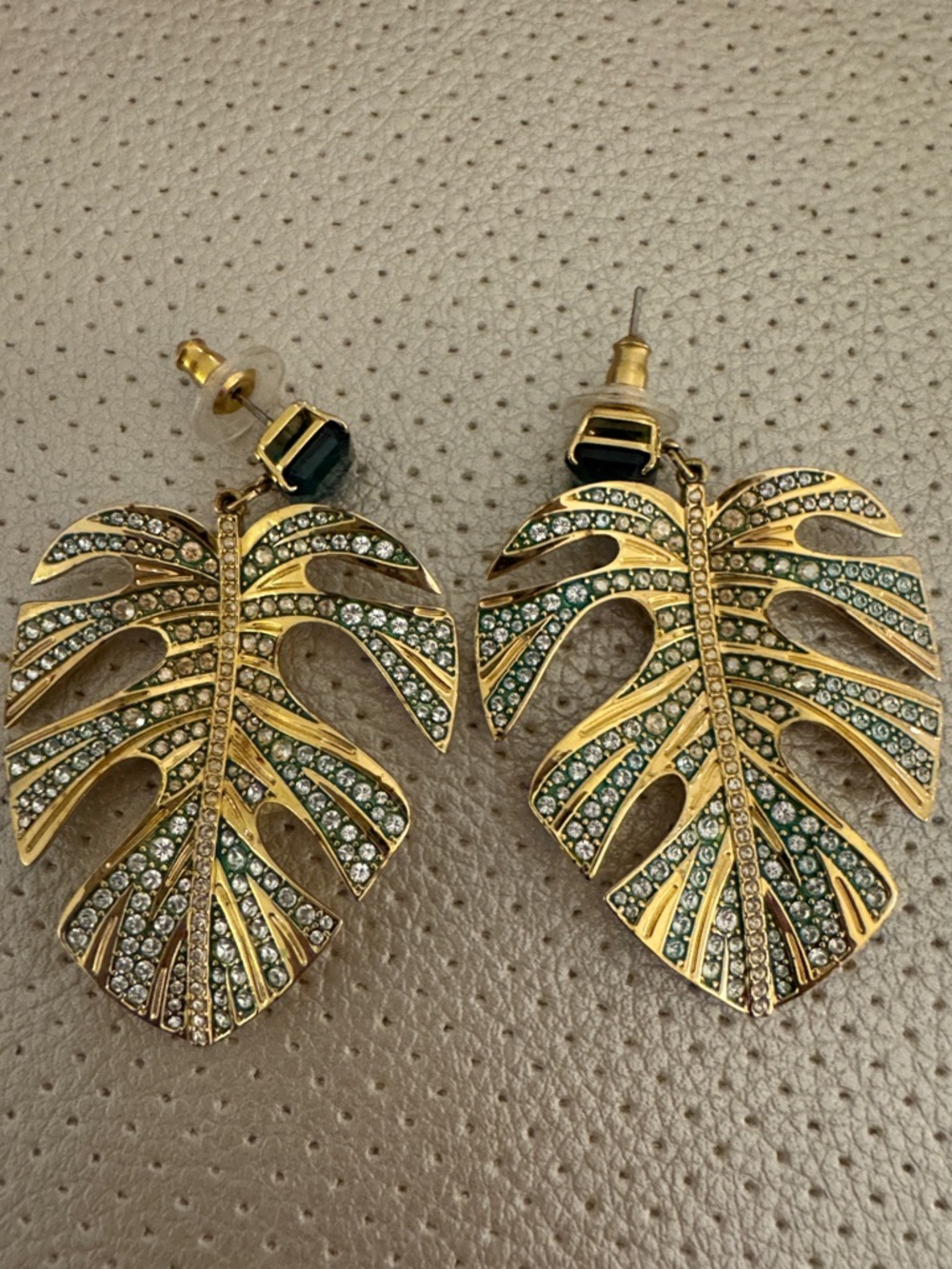 Swarovski Gold and Green Crystal Monstera Leaf Drop Earrings - Women Jewelry